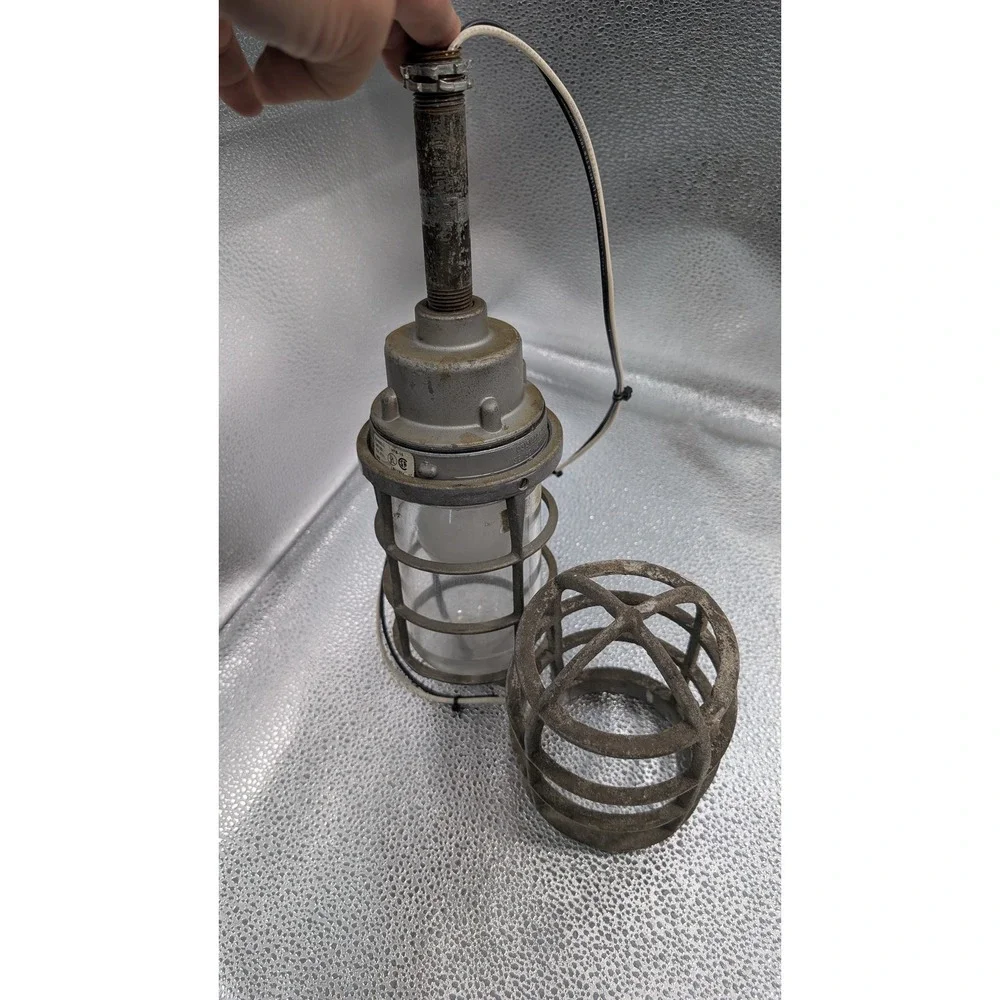 Hubbell VFB-15 Industrial Vapor Tight Pendant Light Cage Globe Steampunk Vintage